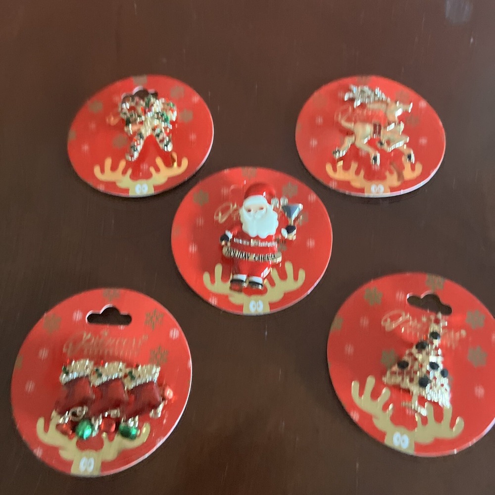 Holidays Pin Brooch Christmas Santa, Candy Cane, Deer, Boots, Tree Lot Of 5 Pins